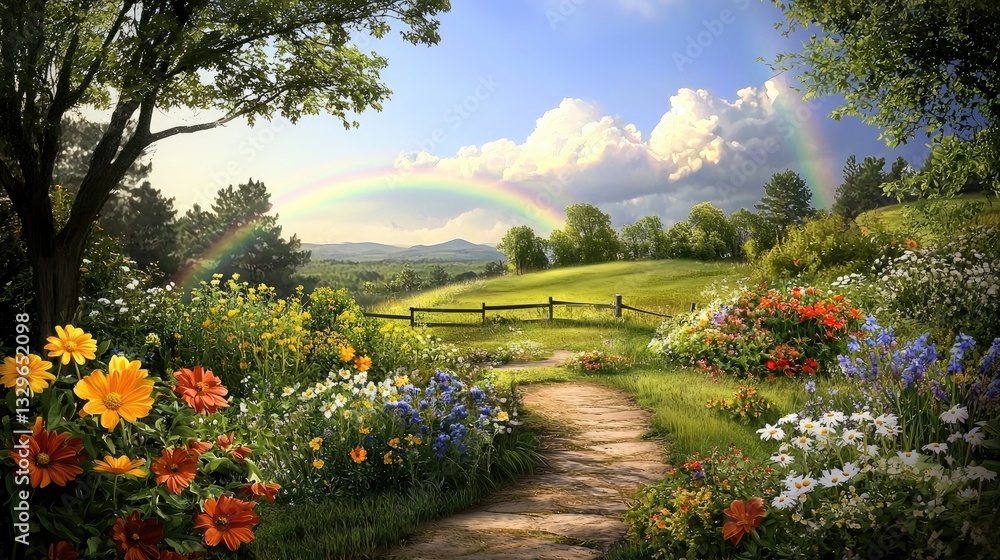 Obraz premium Dreamy countryside scene with a brilliant rainbow shining over green grass and vibrant flowers.