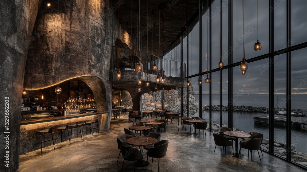 Obraz premium Discover the Essence of Normalist Architecture in a Waterfront Restaurant with Stunning Scenic Views