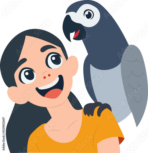 Happy Girl with Grey Parrot Bird