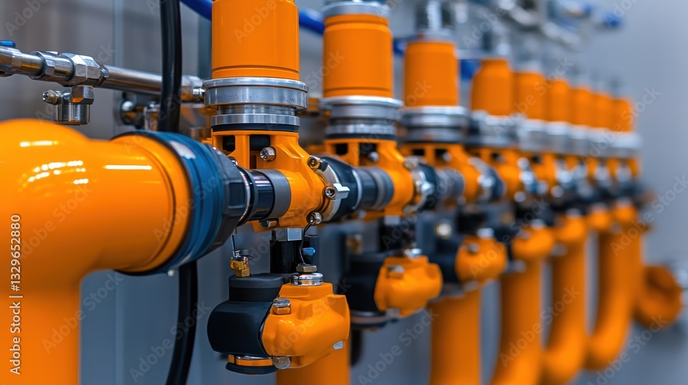 Industrial Piping System: Close-up of Orange Pipes and Valves in a Factory Setting Industrial Piping System: Close-up of Orange Pipes and Valves in a Factory Setting