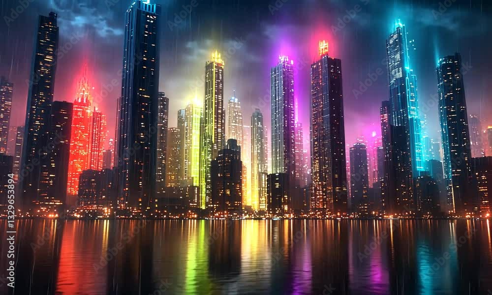 Vibrant city skyline at night with illuminated skyscrapers reflecting in water during rain Vibrant city skyline at night with illuminated skyscrapers reflecting in water during rain