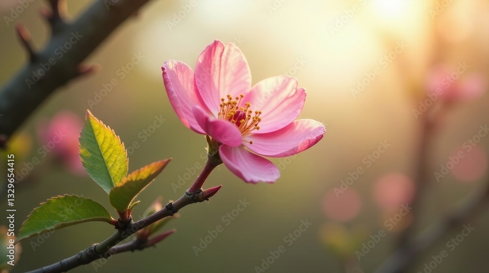 A delicate pink blossom bathed in the warm glow of the setting sun, its petals gently unfurling in the soft light, showcasing the intricate details of nature's artistry. A delicate pink blossom bathed in the warm glow of the setting sun, its petals gently unfurling in the soft light, showcasing the intricate details of nature's artistry.