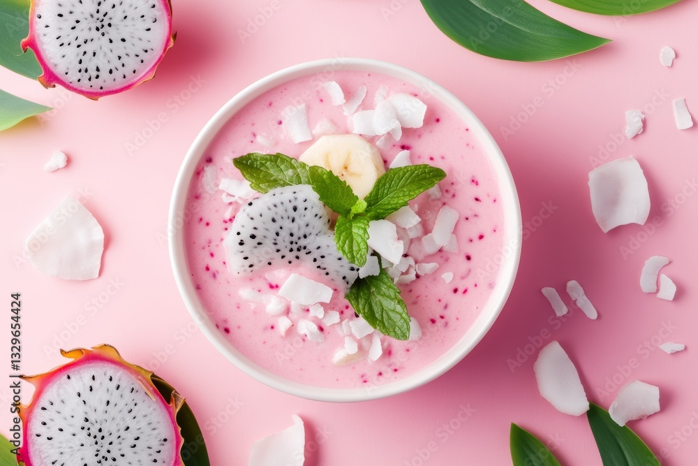 Dragon fruit smoothie bowl with coconut and mint garnish on pink background Dragon fruit smoothie bowl with coconut and mint garnish on pink background