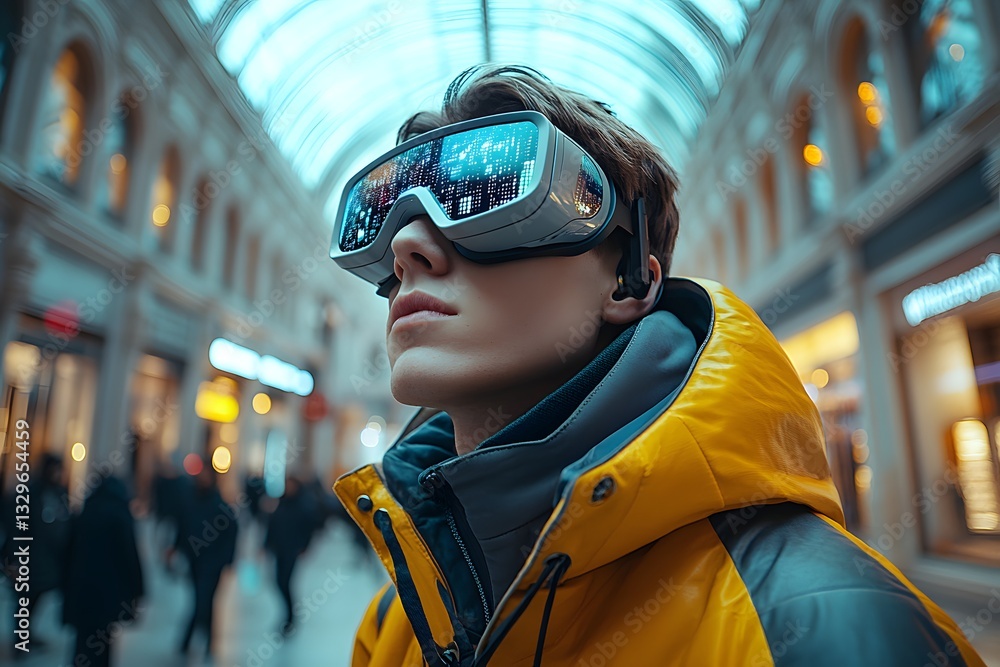 Stylish man in AI-powered smart glasses with an interactive HUD walks through a futuristic mall. The scene feels exciting and visionary—ideal for tech ads or articles on AI innovation in daily life. Stylish man in AI-powered smart glasses with an interactive HUD walks through a futuristic mall. The scene feels exciting and visionary—ideal for tech ads or articles on AI innovation in daily life.