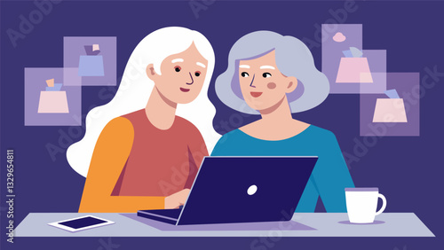 A pair of silverhaired women huddle together looking intently at their photos on a laptop during a photography class.. Vector illustration