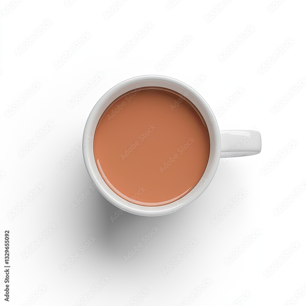 Top view of tea in mug, white background