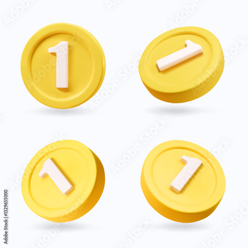 Set of gold coins. One unit of value. Isolated 3d cartoon in different angles. Gold and wealth sign. Vector illustration.
