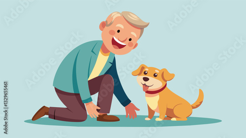 A senior man beaming with joy as he shows off his newly adopted energetic puppy ready to be his daily walking companion.. Vector illustration