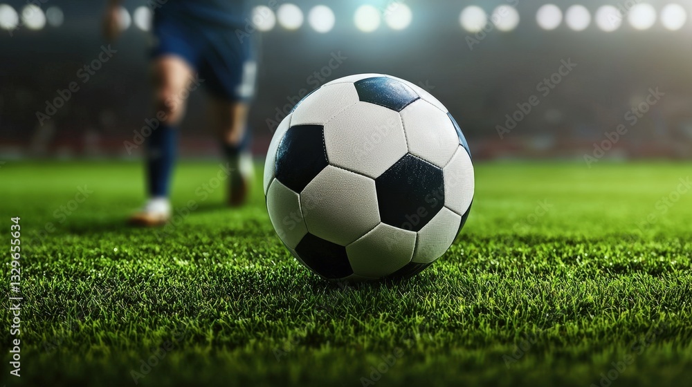 Fototapeta premium Soccer ball resting on the field grass with the goalpost in the background during a game
