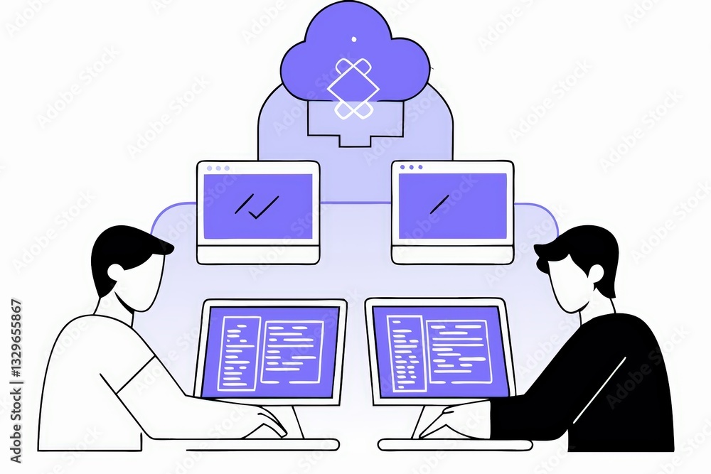 Two individuals collaborate on laptops, working with code, beneath a stylized cloud symbolizing cloud computing and digital connectivity. Two individuals collaborate on laptops, working with code, beneath a stylized cloud symbolizing cloud computing and digital connectivity.