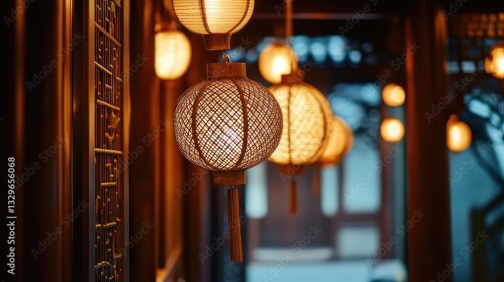 Obraz premium Asian-style lanterns hanging in a corridor