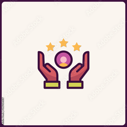 Elevating Customer Satisfaction Icon with Star Ratings and Supportive Hands