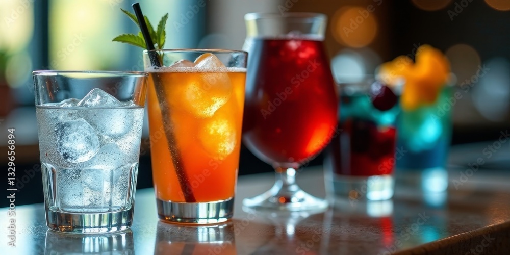 Refreshing iced beverages in various glasses on a bar top Refreshing iced beverages in various glasses on a bar top