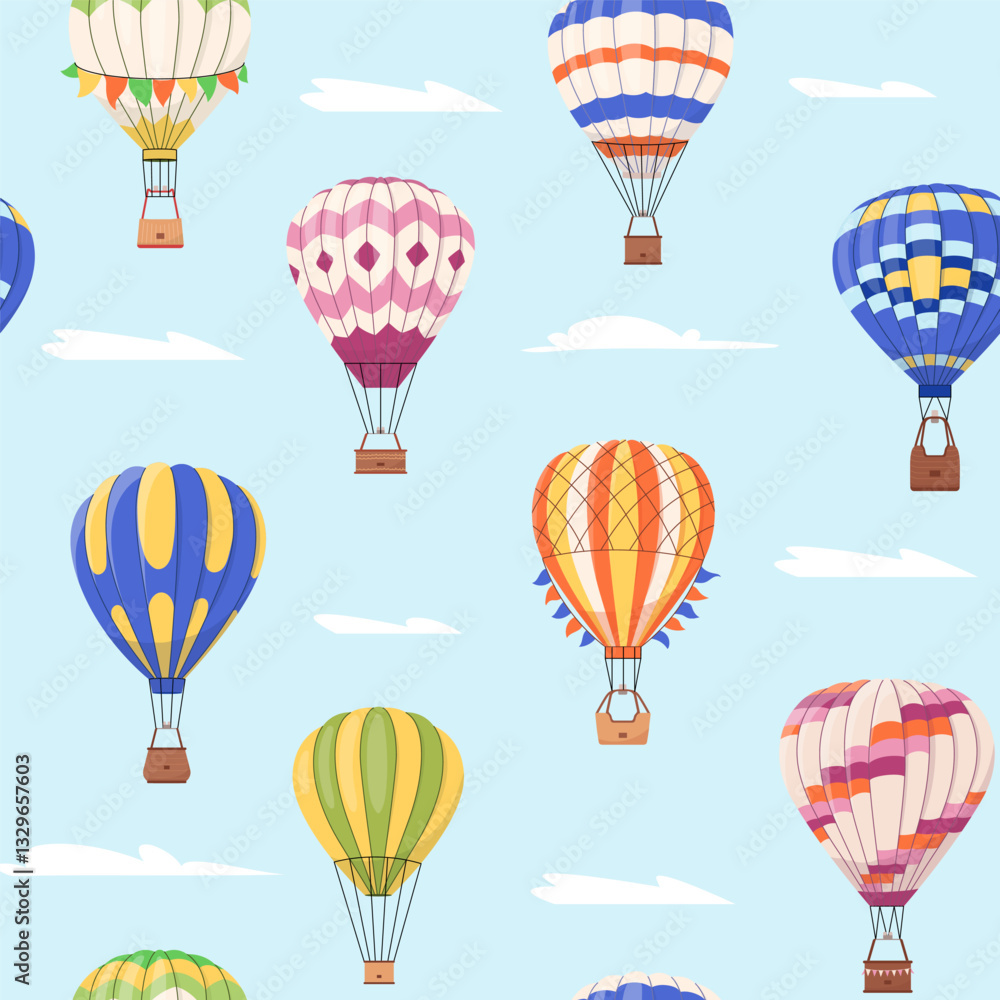 Obraz premium Hot air balloons vector seamless pattern Cartoon colorful baloons flying in sky with clouds repeat background Aerial flight adventure festival, show Endless design for print, fabric, textile, wrapping