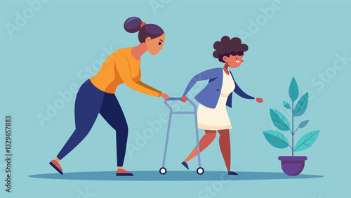 A determinedlooking woman with a walker her movements slow and deliberate as she follows along with the Tai Chi instructors guidance.. Vector illustration