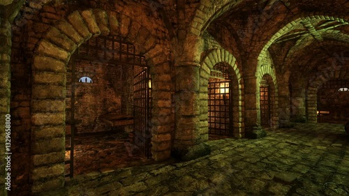 Wallpaper Mural 3D animation inside a medieval dungeon prison cell with burning torch and candles. Torontodigital.ca