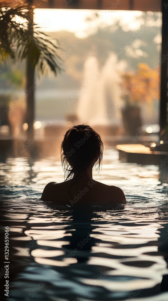 Silhouette of a serene figure enjoying a tranquil moment in a beautiful spa pool. Nature and relaxation combine for rejuvenation and peace. Generative AI. Silhouette of a serene figure enjoying a tranquil moment in a beautiful spa pool. Nature and relaxation combine for rejuvenation and peace. Generative AI.