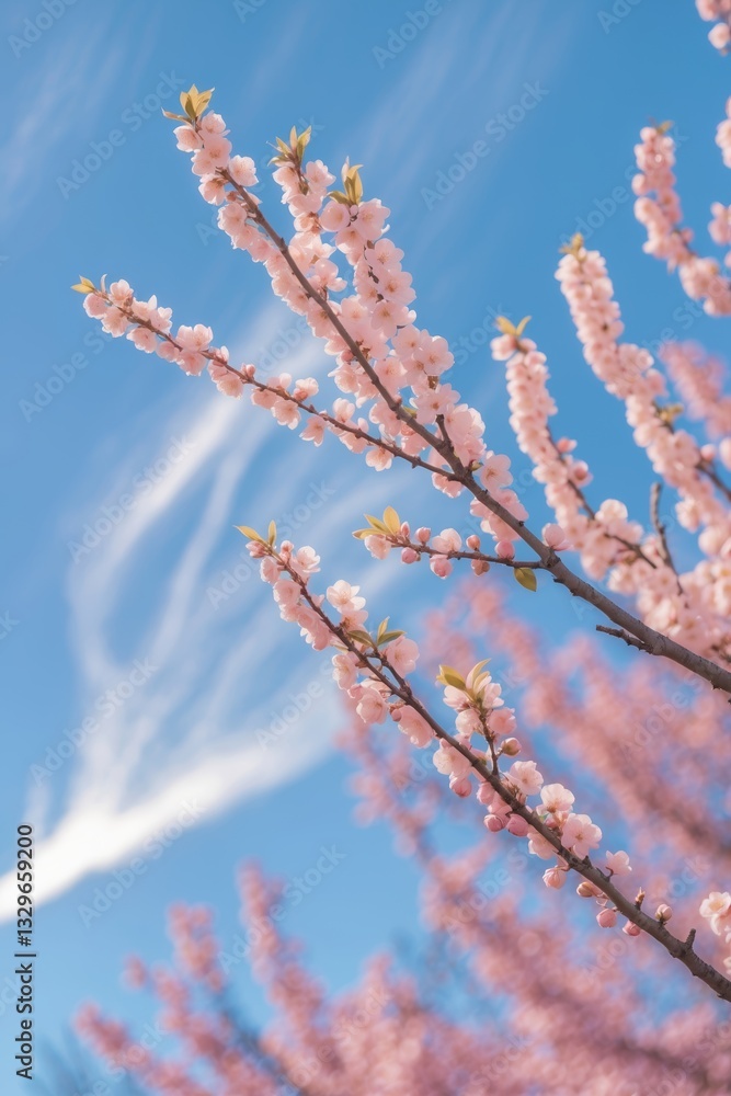 Blossoming cherry trees in springtime against a clear blue sky with white clouds Blossoming cherry trees in springtime against a clear blue sky with white clouds