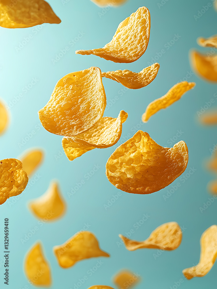 Golden potato chips float suspended mid-air against a light blue background catching the light and emphasizing their textured surfaces. Golden potato chips float suspended mid-air against a light blue background catching the light and emphasizing their textured surfaces.