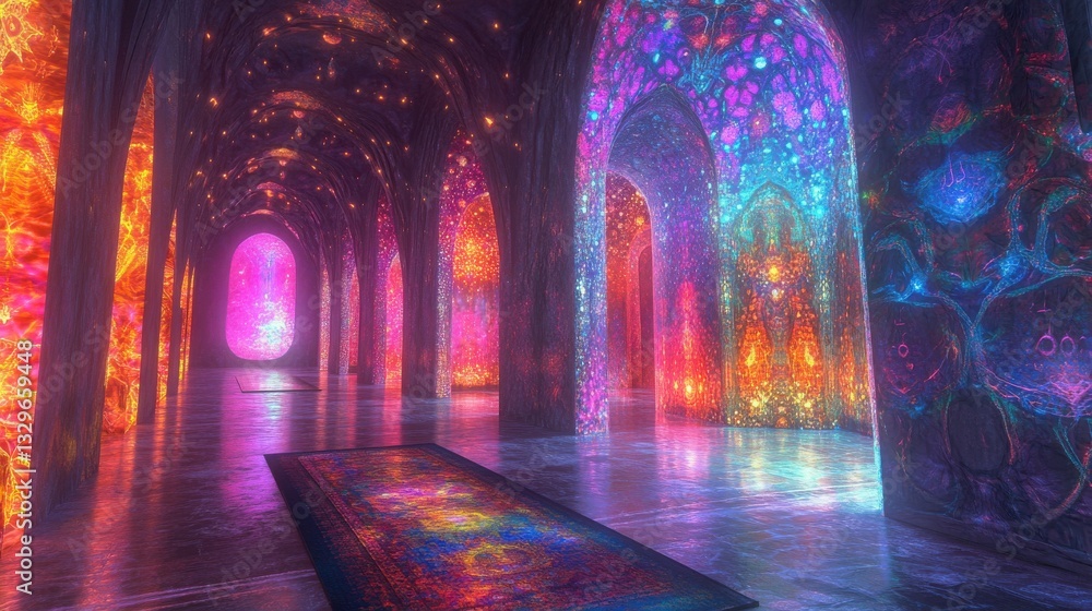 A meditative Sufi-inspired space, where sacred geometry merges with psychedelic textures, glowing softly in spiritual harmony A meditative Sufi-inspired space, where sacred geometry merges with psychedelic textures, glowing softly in spiritual harmony