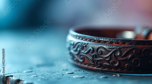 Handmade genuine leather bracelet with intricate swirl design on a textured blue background