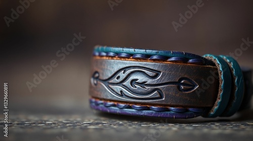 Handmade genuine leather bracelet with embossed arrow design on a textured background