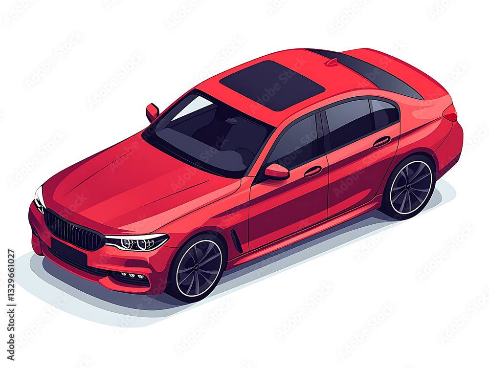 Isometric illustration of a sleek red sedan car with a sunroof showcasing modern design and sporty wheels on a white background. Isometric illustration of a sleek red sedan car with a sunroof showcasing modern design and sporty wheels on a white background.