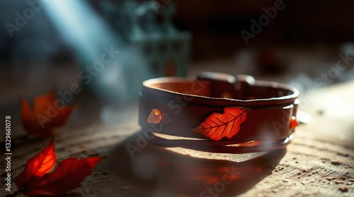Handmade genuine leather bracelet adorned with leaves on a wooden background with soft lighting