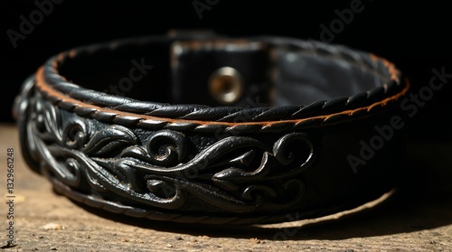 Handmade genuine leather bracelet with intricate design on a wooden background