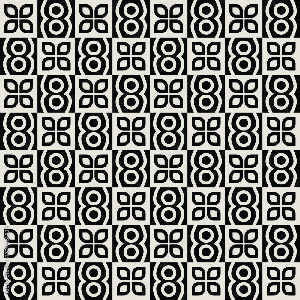 Seamless mid-century flower pattern in black and white. Graphical illustration for a unique wall decor, textiles and interior design. Seamless mid-century flower pattern in black and white. Graphical illustration for a unique wall decor, textiles and interior design.