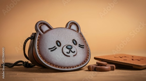 Small handmade genuine leather handbag shaped like a bear on a warm background