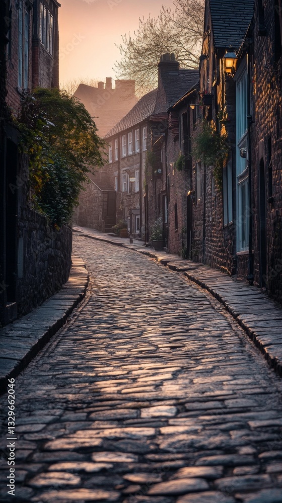 A peaceful cobblestone street bathed in warm sunlight. The historic buildings tell a story of the past. A perfect scene for inspiration and creativity. Generative AI A peaceful cobblestone street bathed in warm sunlight. The historic buildings tell a story of the past. A perfect scene for inspiration and creativity. Generative AI