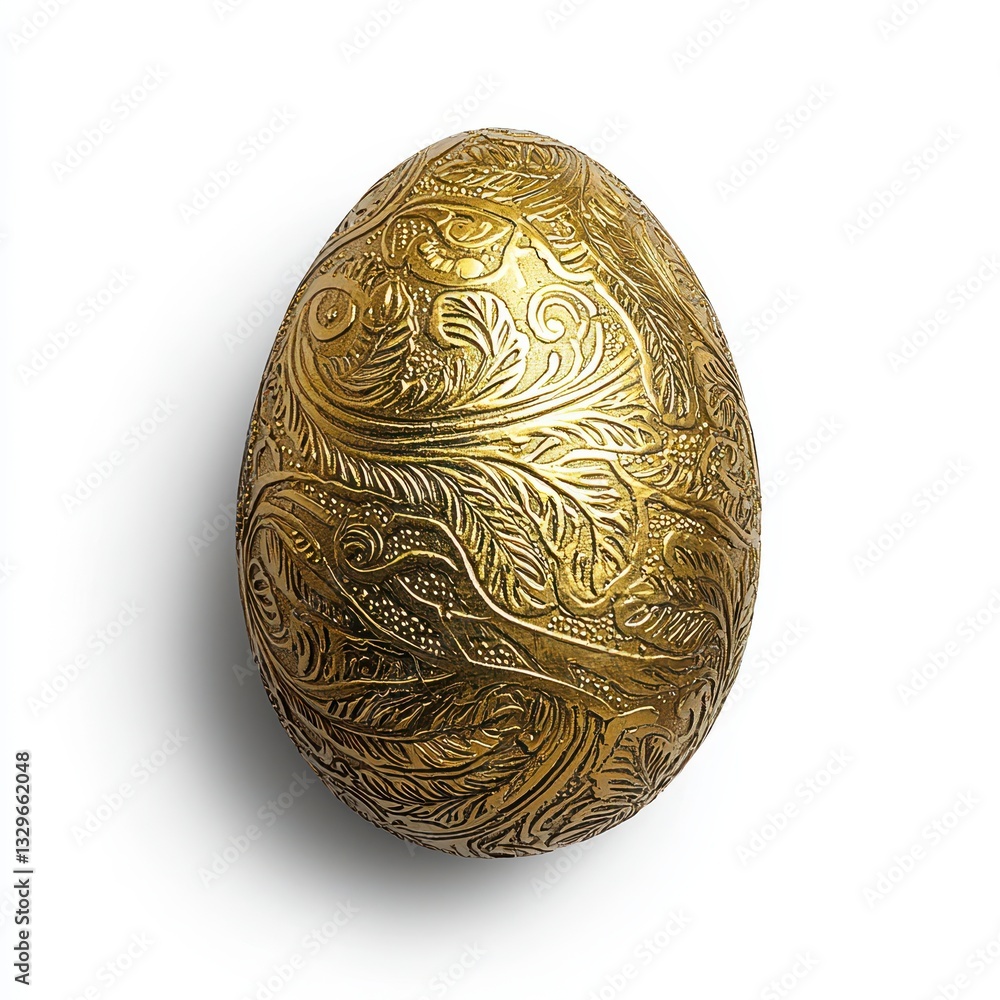 Ornate Gold Egg with Embossed Pattern on White Background Ornate Gold Egg with Embossed Pattern on White Background