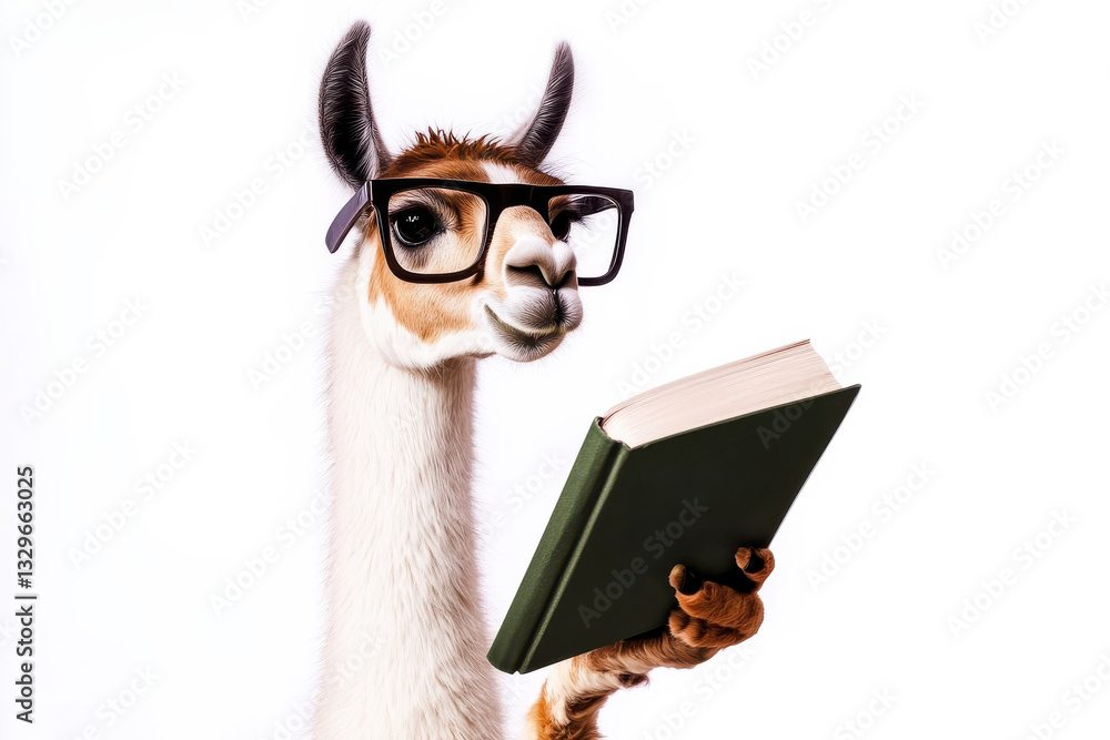 Obraz premium Llama reads Sustainable Living for Beginners in clean space