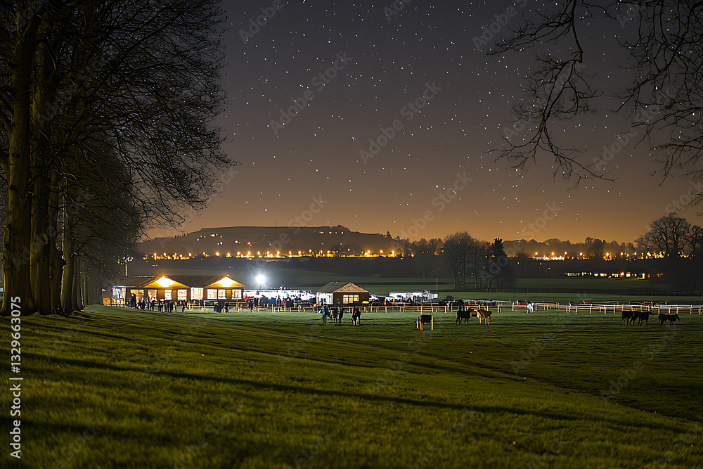 Night scene featuring illuminated buildings a field with animals and a starry sky. Night scene featuring illuminated buildings a field with animals and a starry sky.