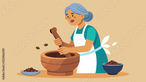 The rhythmic tapping of a wooden mallet as a grandmother grinds coffee beans in a mortar and pestle an essential part of the traditional preparation od.. Vector illustration