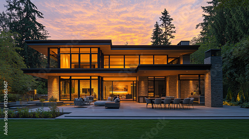 Modern Luxury Home with Spacious Patio at Sunset, Embracing Golden Hour Warmth and Elegance