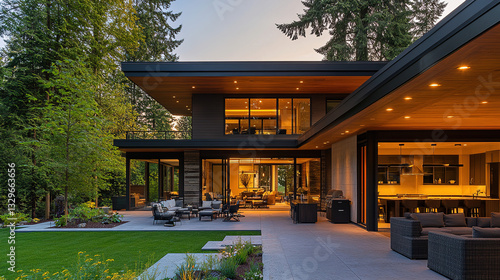 Modern Luxury Home with Spacious Patio at Sunset, Embracing Golden Hour Warmth and Elegance