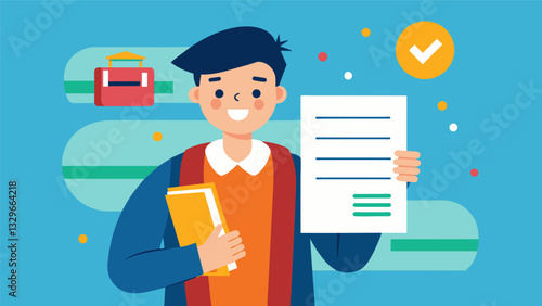 A senior student proudly displays his freshly printed essay filled with insightful analysis and research.. Vector illustration