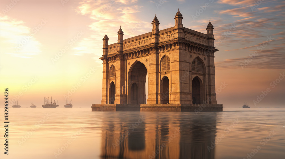 The Gateway of India in Mumbai, India, standing by the waterfront at sunset, showcasing its iconic arches, intricate architecture, calm waters, and a serene golden sky. The Gateway of India in Mumbai, India, standing by the waterfront at sunset, showcasing its iconic arches, intricate architecture, calm waters, and a serene golden sky.