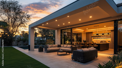 Modern Luxury Home with Spacious Patio at Sunset, Embracing Golden Hour Warmth and Elegance