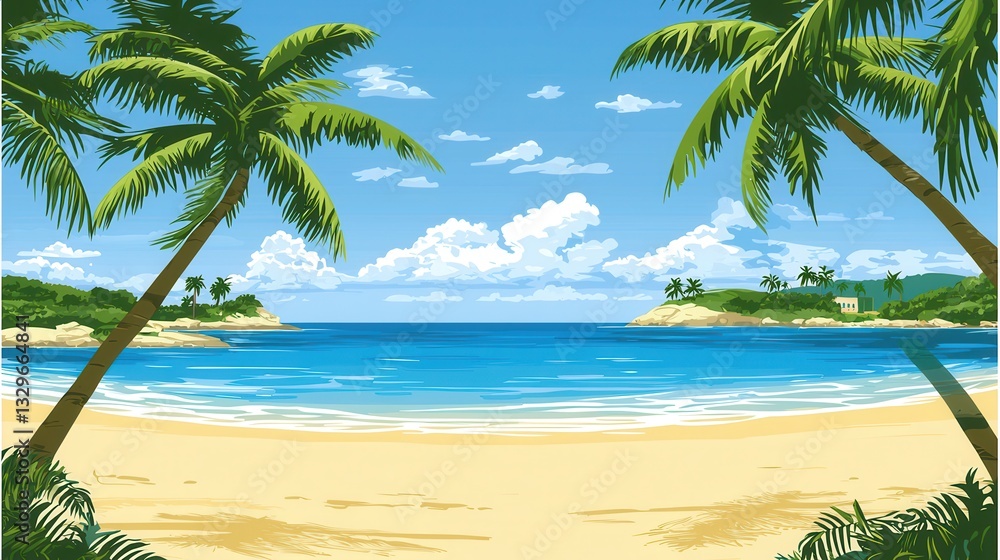 Fototapeta premium Idyllic Tropical Beach Scene Palm Trees Ocean and Sandy Shore