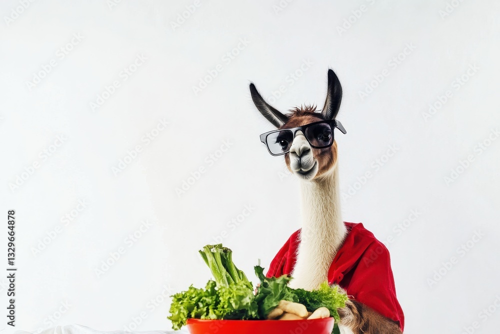 Fototapeta premium Llama making a chic plant-based dish with fresh food