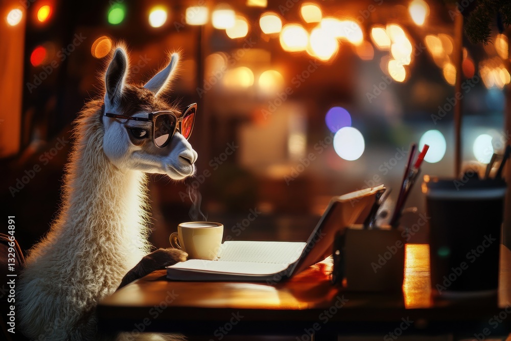 Fototapeta premium Llama enjoys journaling with cappuccino in cozy cafe