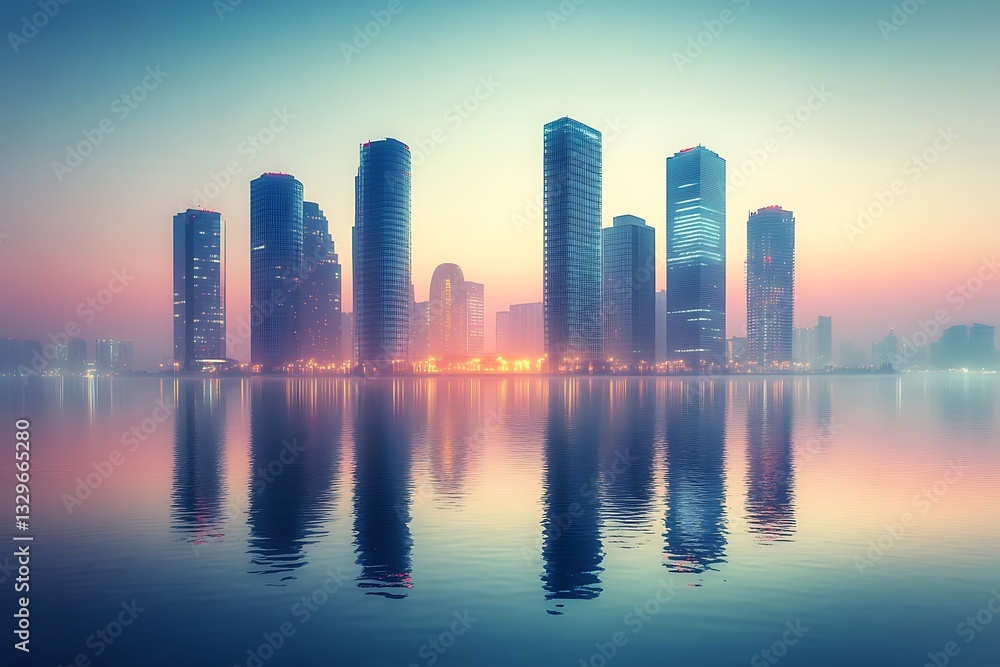 Fototapeta premium Misty sunrise cityscape reflection.
