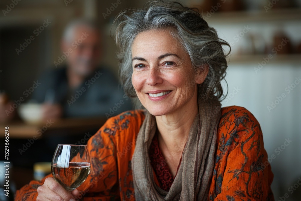 Woman enjoying wine in a cozy setting with a warm ambiance and social atmosphere in the background Woman enjoying wine in a cozy setting with a warm ambiance and social atmosphere in the background