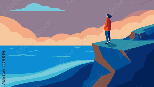 A solitary figure stands on a cliff overlooking the ocean reciting a poem about the complexities of love as the waves crash below.. Vector illustration