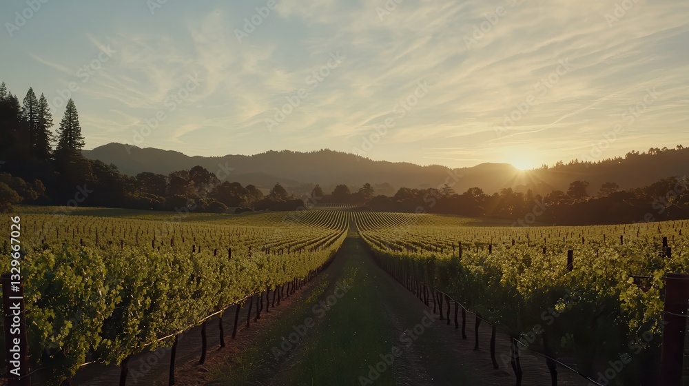 Fototapeta premium Serene Sunset Over Vineyard Rows Golden Hour Landscape