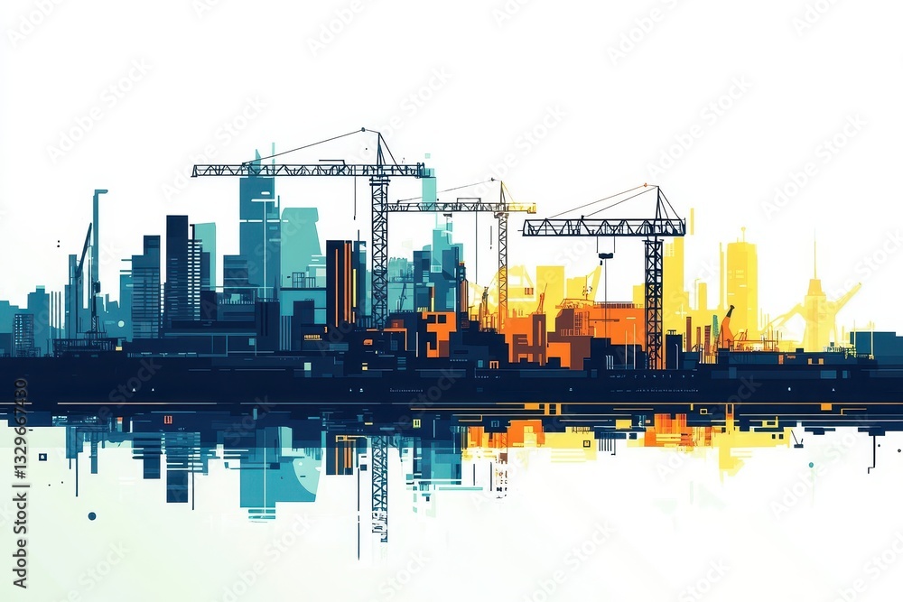 Obraz premium Urban Construction Skyline with Cranes and Reflection at Sunset