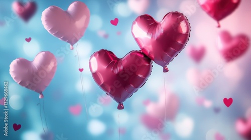Romantic Heart Balloons Floating in a Dreamy Sky